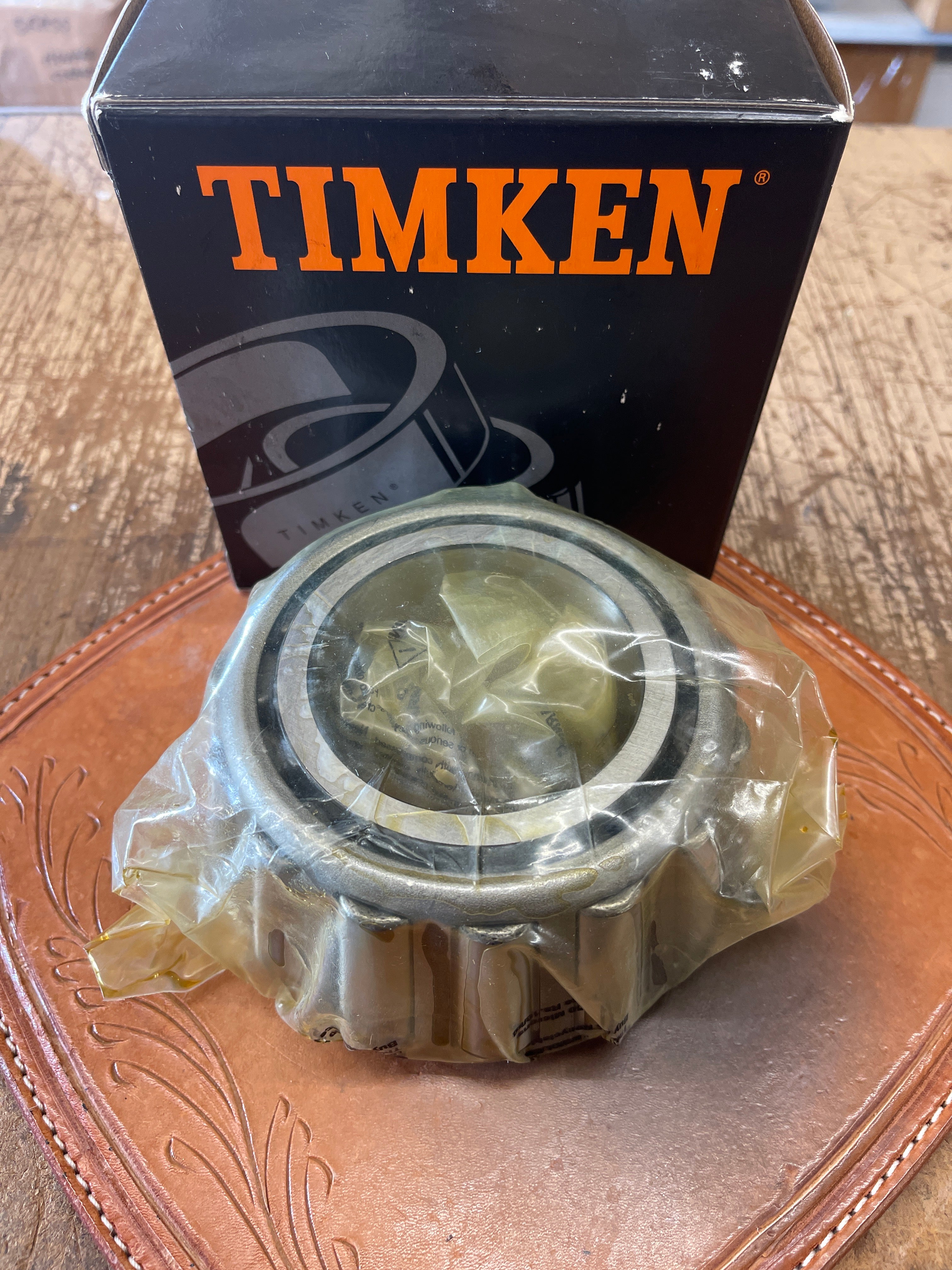 3364 GASO Main Bearing Roller Core Tapered roller bearing. Timken 6379. Looking at roller bearing in protective plastic bag, with Timken box in back ground. 