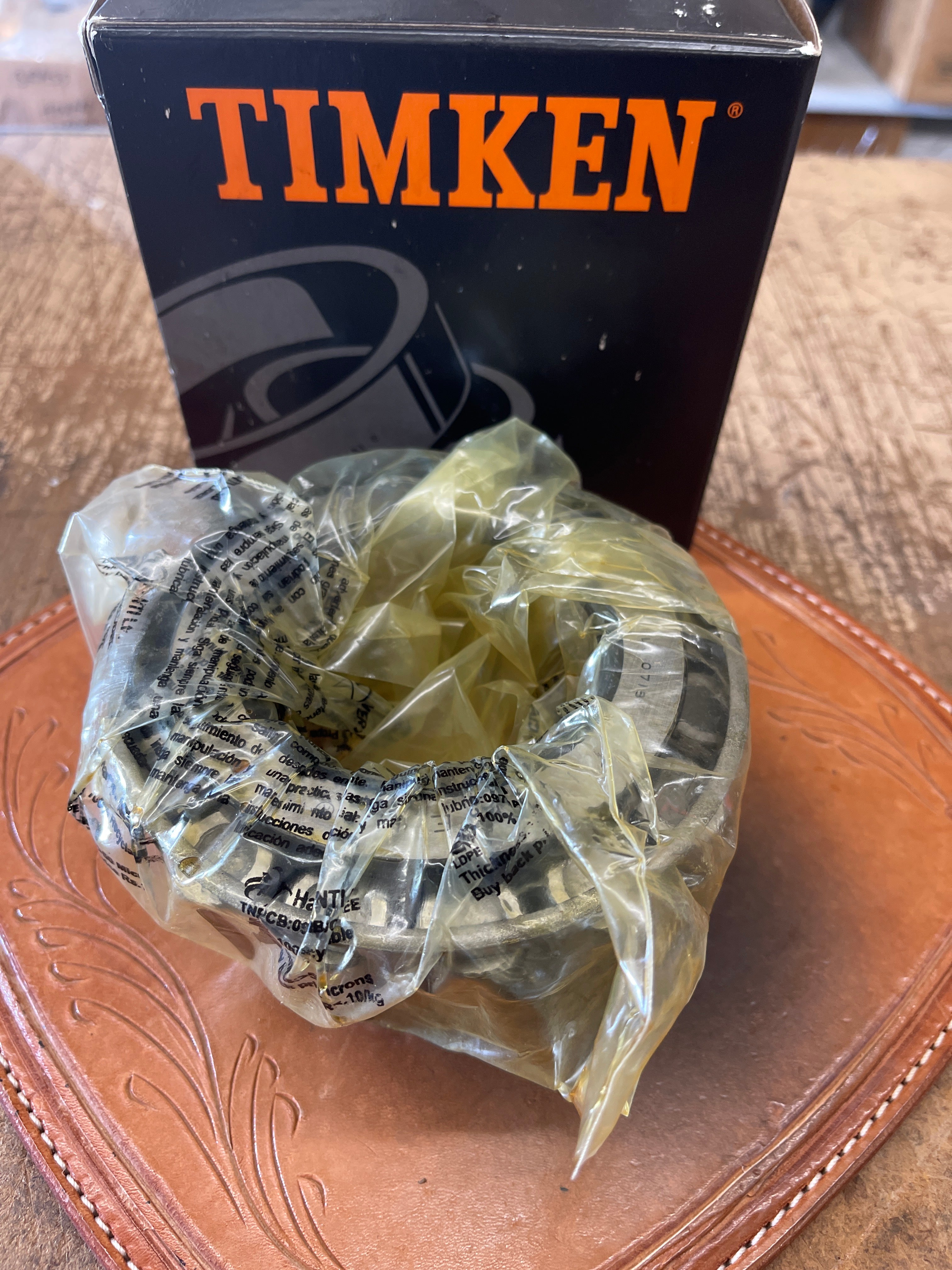 3364 GASO Main Bearing Roller Core Tapered roller bearing. Timken 6379. Looking at roller bearing in protective plastic bag, with Timken box in back ground. 