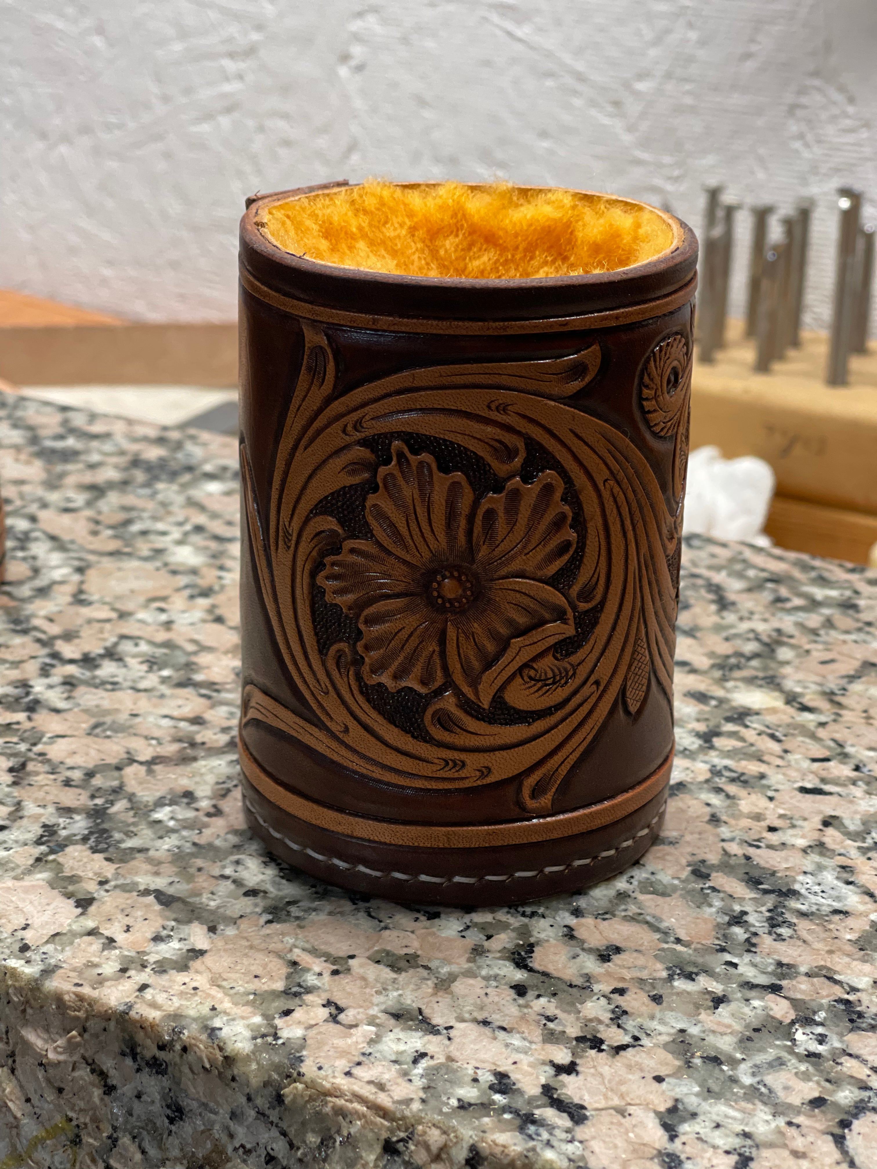Floral tooled, shearling lined drink coozie