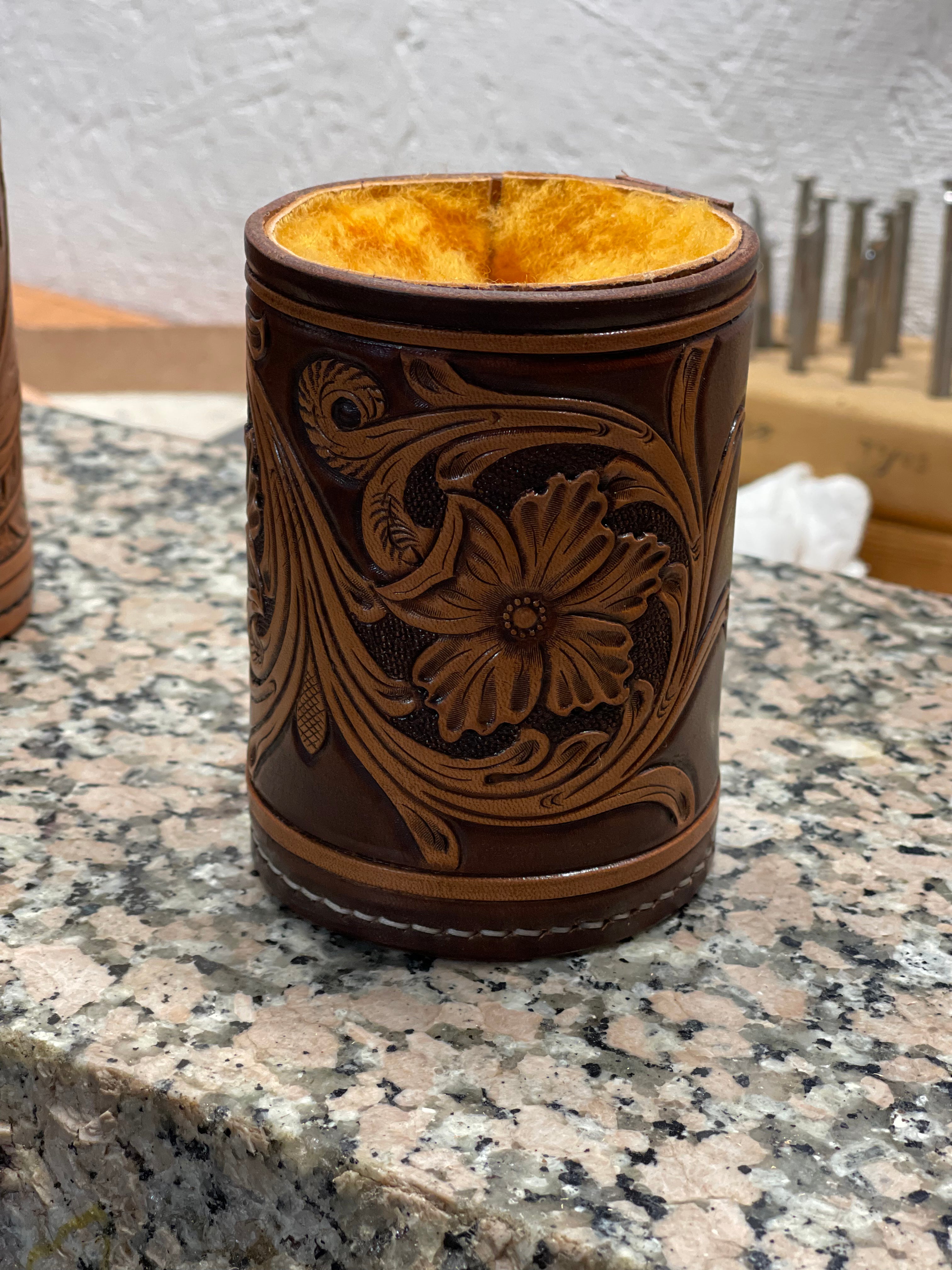 Floral tooled, shearling lined drink coozie